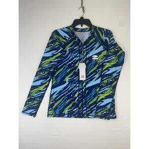 AXESEA Rash Guard Kids 10 Blue Green Long Sleeve Zip Swim Shirt UPF 50+ Sun